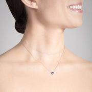 Annie James jewelry bezel set blue sapphire, diamond and white gold necklace, thyroid cancer awareness