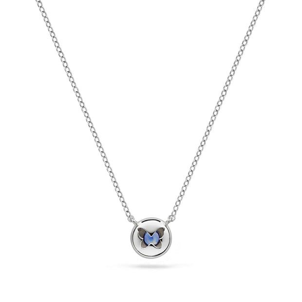 Annie James jewelry blue sapphire and white gold necklace, butterfly charm, thyroid cancer awareness