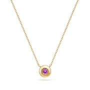 Annie James jewelry pink sapphire and yellow gold necklace, butterfly charm, thyroid cancer awareness