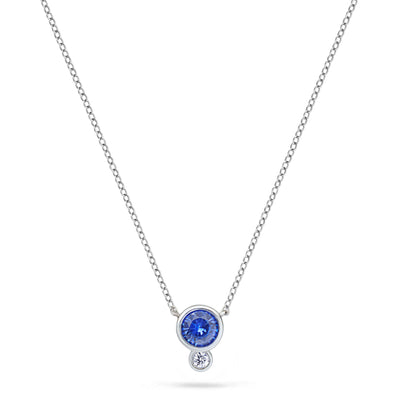 Annie James jewelry bezel set blue sapphire, diamond and white gold necklace, thyroid cancer awareness