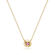 Annie James jewelry pink sapphire and yellow gold necklace, butterfly charm, thyroid cancer awareness